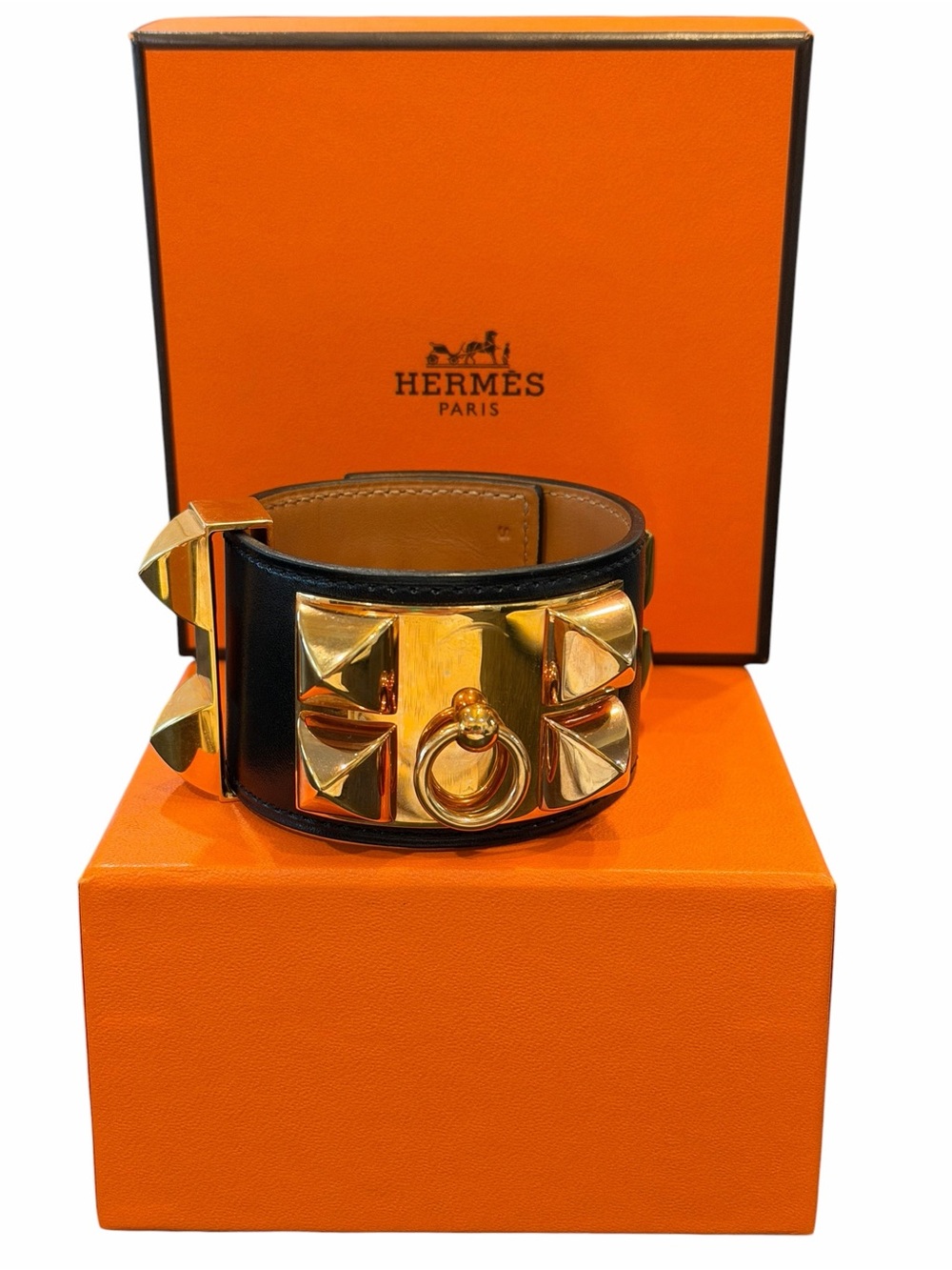 Hermes Black Collier de Chien Leather Bracelet with Gold Hardware
